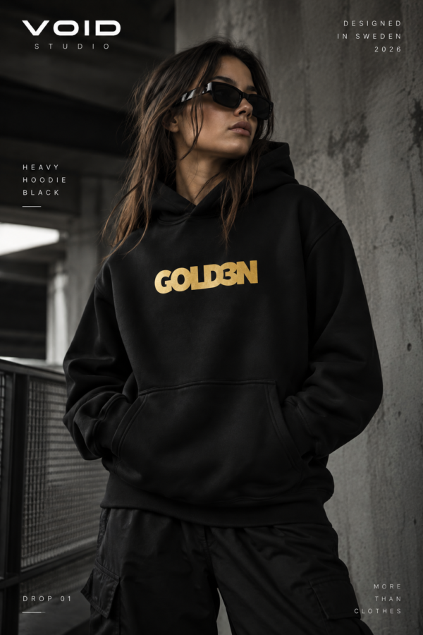 GOLD3N Heavy Hoodie in black with metallic gold chest print